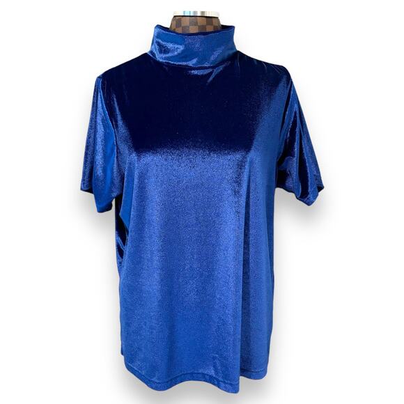 Vtg 80s Electric Blue Velvet Tunic L Bridge Gate Short Sleeve Turtleneck Blouse - Picture 1 of 7